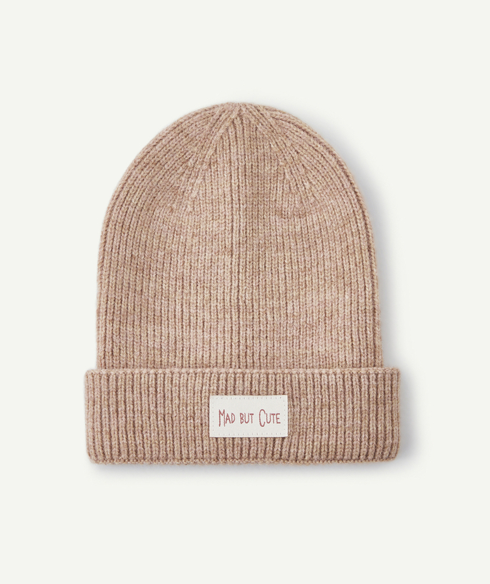 Teen girls' clothing Tao Categories - GIRLS' BEIGE KNITTED HAT WITH A MESSAGE