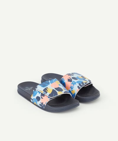 Shoes, booties radius - BOYS' NAVY BLUE SLIDES WITH COLOURED PRINTED BANDS