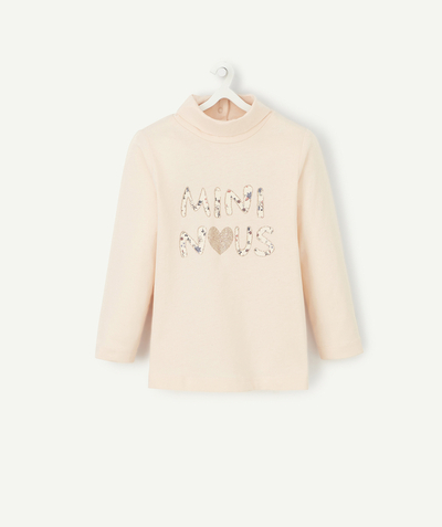 Baby-girl radius - BABY GIRLS' PALE PINK TURTLENECK TOP WITH A FLOCKED MINI NOUS MESSAGE