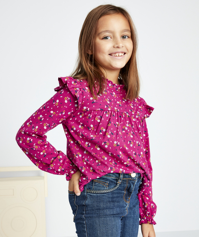 Roll-Neck-Jumper family - GIRLS' LONG SLEEVED FUCHSIA PINK TOP WITH A FLORAL PRINT