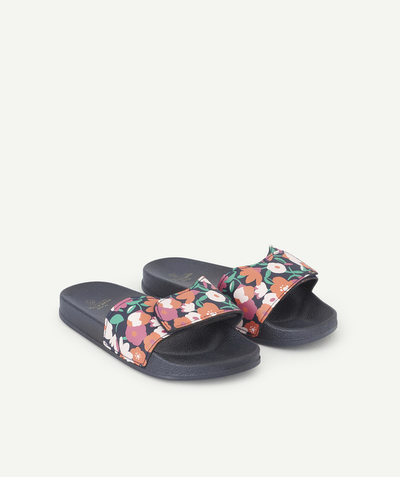 Shoes, booties radius - GIRLS' NAVY BLUE SLIDES WITH COLOURED FLORAL BANDS