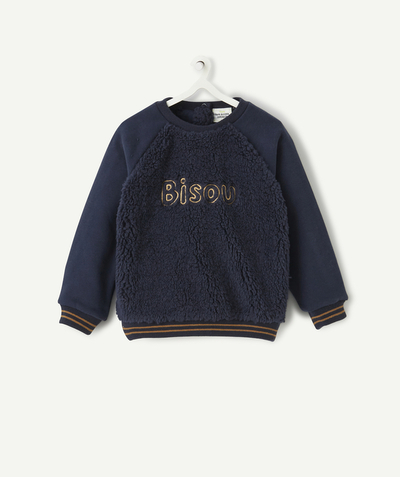 Swetry - Bluzy Rayon - GRANATOWA BLUZA BOUCLE Z NAPISEM BISOUS DLA MAŁEGO CHŁOPCA
