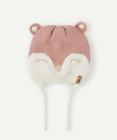 ECODESIGN radius - BABY GIRLS' PINK KNITTED HAT WITH A TEDDY BEAR MOTIF