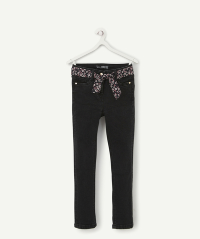 Girl radius - SKINNY BLACK LESS WATER DENIM TROUSERS WITH A FLOWER-PATTERNED BELT
