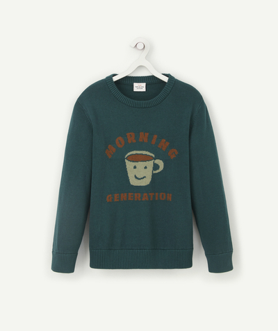 Private sales radius - BOYS' GREEN KNITTED JUMPER WITH A MESSAGE AND A MUG OF COFFEE
