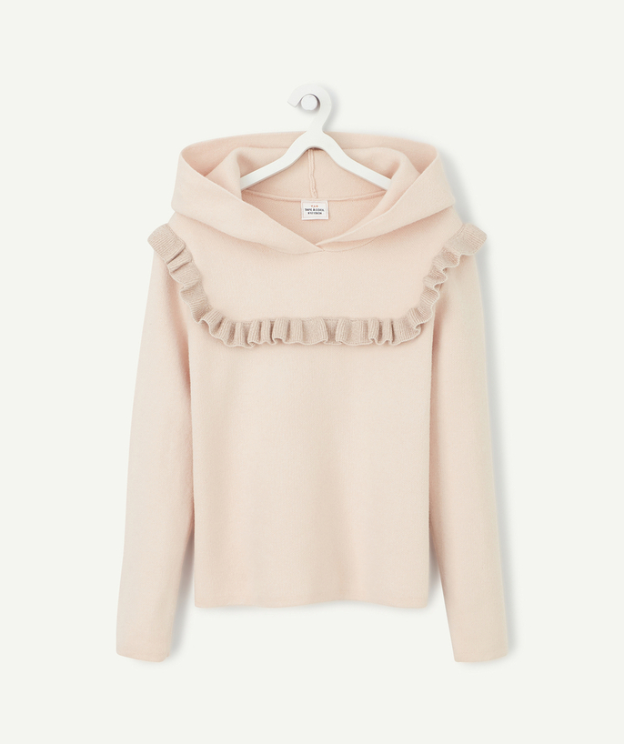 Sportswear radius - GIRLS' COSY PALE PINK JUMPER WITH A HOOD AND FRILLY DETAILS