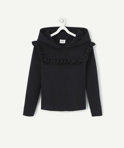 Pullover - Cardigan radius - GIRLS' COSY BLACK JUMPER WITH A HOOD AND FRILLY DETAILS