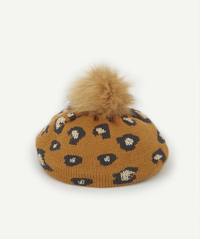 KNITWEAR ACCESSORIES Tao Categories - GIRLS' OCHRE BERET WITH A LEOPARD PRINT AND A POMPOM
