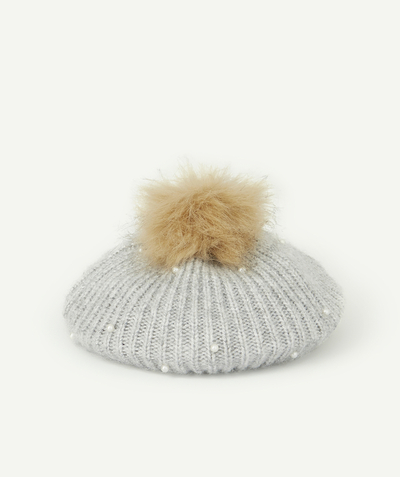 Nice and warm radius - GIRLS' GREY WOOLLEN BERET WITH BEADS AND A FUR POMPOM