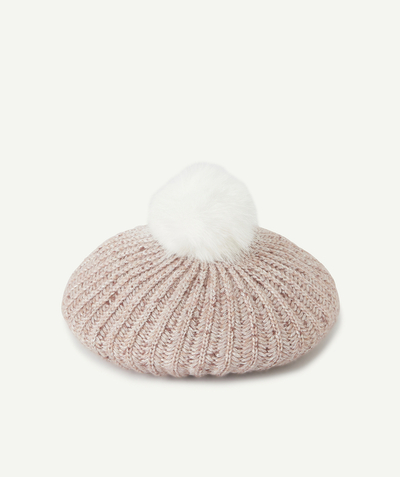 Girl radius - GIRLS' PINK KNITTED BERET WITH SILVER THREADS AND A POMPOM