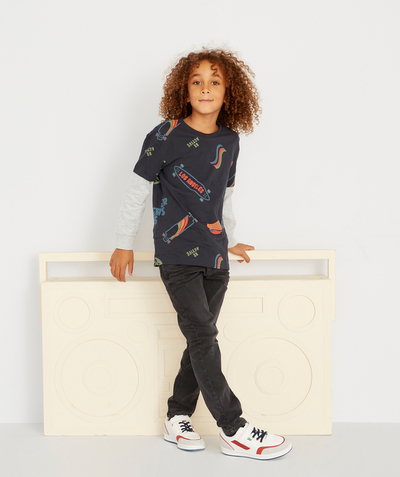 Private sales radius - BOYS' TWO-IN-ONE T-SHIRT IN NAVY BLUE SKATE-PATTERN ORGANIC COTTON