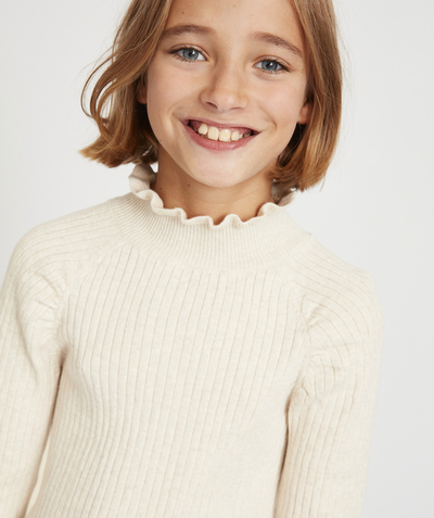 BASICS Tao Categories - GIRLS CREAM RIB KNIT JUMPER WITH A HIGH FRILLY NECK