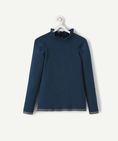 Swetry - Swetry rozpinane Rayon - MORSKI PRĄŻKOWANY SWETER Z WYSOKIM KOŁNIERZEM Z FALBANKAMI DLA DZIEWCZYNKI