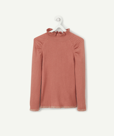 Girl radius - GIRLS PINK RIBBED JUMPER WITH A HIGH FRILLY NECK