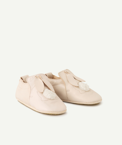 Chaussures, chaussons Rayon - CHAUSSONS EN CUIR ROSES LAPIN AVEC POMPONS