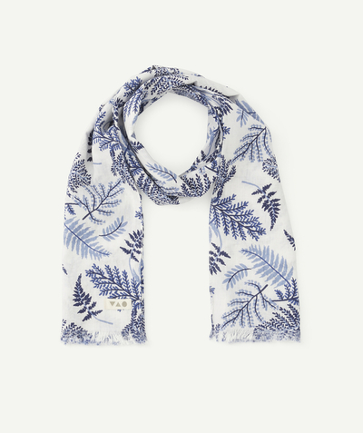 Scarves Tao Categories - BABY BOYS' SCARF IN WHITE COTTON PRINTED WITH BLUE LEAVES