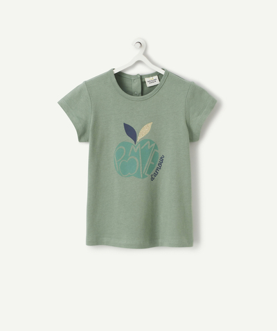 T-shirt Rayon - T-SHIRT BÉBÉ FILLE EN COTON BIOLOGIQUE VERT AVEC POMME IMPRIMÉ