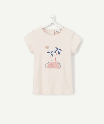 T-shirt Rayon - T-SHIRT BÉBÉ FILLE EN COTON BIO ROSE PÂLE AVEC PALMIERS