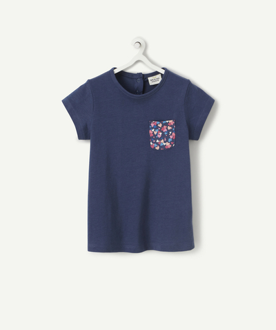 T-shirt radius - BABY GIRLS' T-SHIRT IN BLUE ORGANIC COTTON PRINTED WITH HEARTS