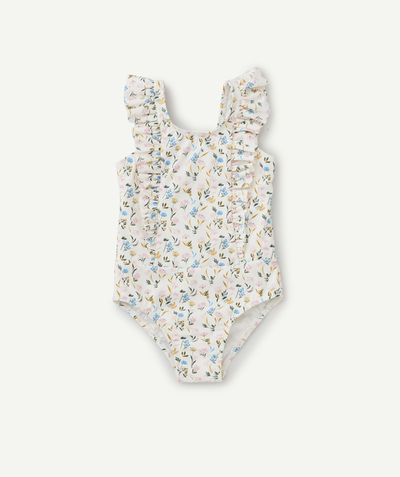 Fashion Tao Categories - GIRLS' ONE-PIECE CREAM RUFFLED FLORAL SWIMSUIT IN RECYCLED FIBRES