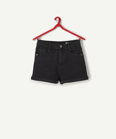 Bottoms family - GIRLS' HIGH-WAISTED BLACK SHORTS IN LOW IMPACT DENIM