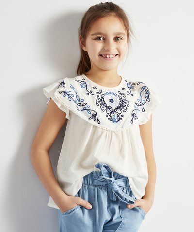 Formal weat : 50% off 2nd item* Tao Categories - GIRLS' BLOUSE IN ECO-FRIENDLY WHITE VISCOSE WITH BLUE EMBROIDERY