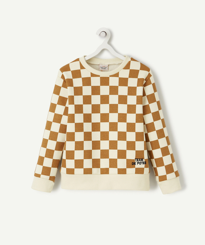 90' trends radius - BOYS' BEIGE AND CAMEL CHEQUERED SWEATSHIRT IN RECYCLED FIBRES