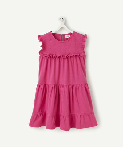 Bottoms Tao Categories - GIRLS' PINK COTTON DRESS WITH FRILLS AND EMBROIDERY