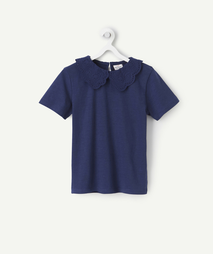Special Occasion Collection radius - GIRLS' T-SHIRT IN NAVY RECYCLED COTTON WITH AN EMBROIDERED PETER PAN COLLAR