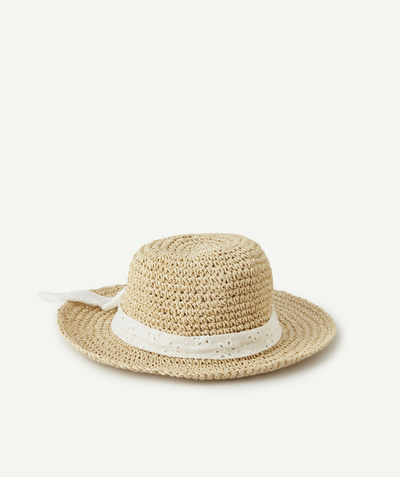 Hat, cap Tao Categories - GIRLS' STRAW HAT WITH A BRODERIE ANGLAIS BOW