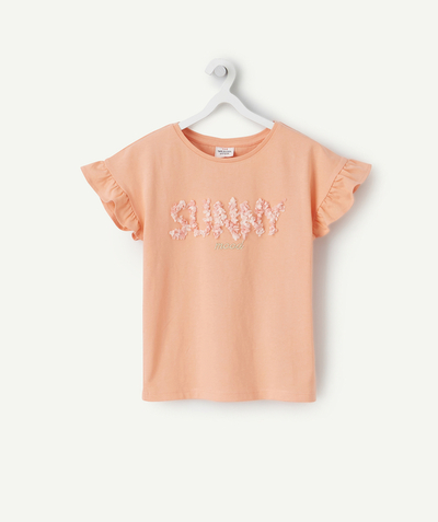 Girl radius - GIRLS' PINK RECYCLED FIBERS T-SHIRT WITH A MESSAGE IN RELIEF