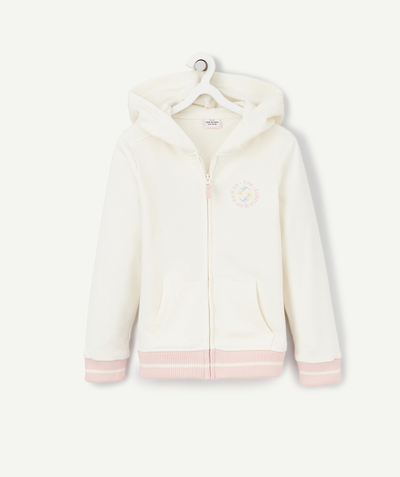 Sweatshirt Tao Categories - GIRLS' CREAM ZIPPED HOODED JACKET IN RECYCLED FIBERS WITH POCKETS