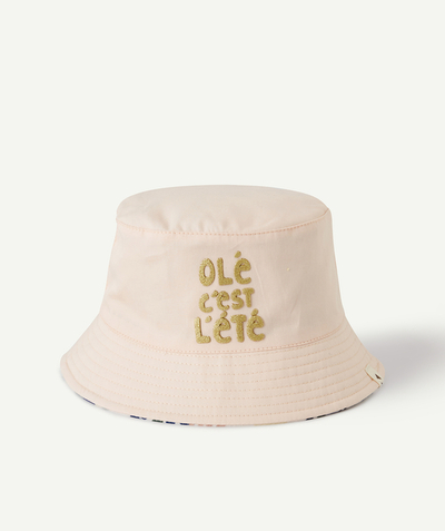 Hat, cap Tao Categories - GIRLS' REVERSIBLE PALE PINK AND COLOURED BUCKET HAT WITH A MESSAGE