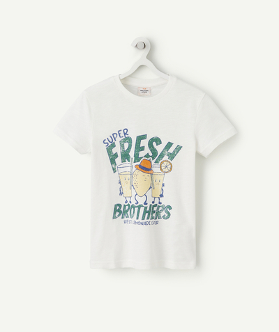 T-shirt  radius - BOYS' WHITE T-SHIRT IN ORGANIC COTTON WITH A MESSAGE AND LEMONADE PRINT