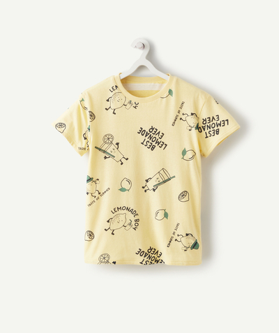 Our summer prints radius - REVERSIBLE YELLOW T-SHIRT FOR BOYS IN ORGANIC COTTON WITH A LEMONADE THEME