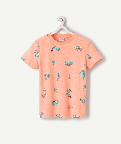 Shirt - Blouse Tao Categories - BOYS' FLUORESCENT ORANGE ORGANIC COTTON T-SHIRT WITH A CROCODILE PRINT