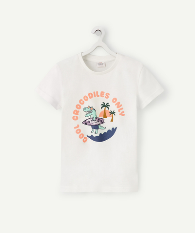 T-shirty - Koszulki Rayon - BIAŁY T-SHIRT DLA CHŁOPCA Z BAWEŁNY BIO Z MAGICZNYM NADRUKIEM KROKODYLA
