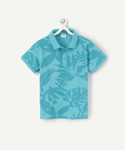 Our summer prints radius - BOYS' TURQUOISE BLUE POLO SHIRT IN ORGANIC COTTON WITH A FOLIAGE PRINT