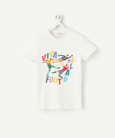 T-shirty - Koszulki Rayon - BIAŁY T-SHIRT DLA CHŁOPCA Z BAWEŁNY Z RECYKLINGU Z MOTYWEM FUTBOLU