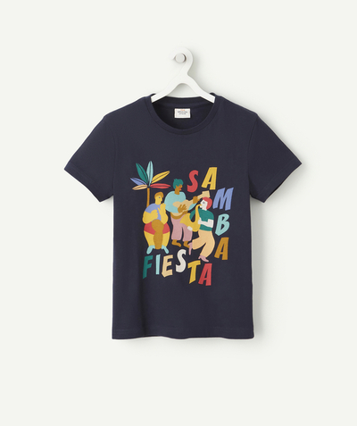 T-shirty - Koszulki Rayon - NIEBIESKI T-SHIRT DLA CHŁOPCA Z BAWEŁNY Z RECYKLINGU Z MOTYWEM SAMBA SIESTA