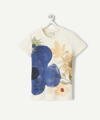 T-shirt  radius - BABY BOYS' CREAM ORGANIC COTTON T-SHIRT PRINTED WITH FLOWERS