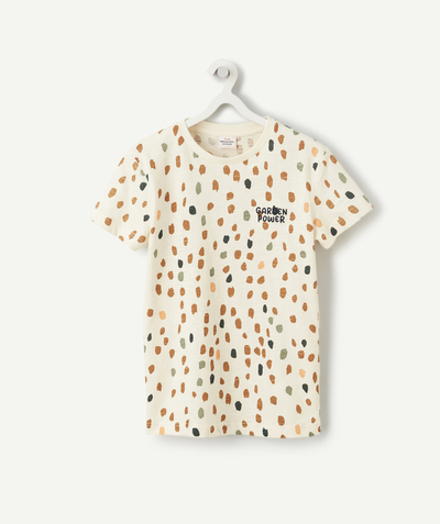 Our summer prints radius - BOYS' CREAM SPECKLED COTTON T-SHIRT WITH AN EMBROIDERED MESSAGE
