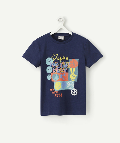 T-shirty - Koszulki Rayon - GRANATOWY T-SHIRT DLA CHŁOPCA Z BAWEŁNY BIO Z KOLOROWYM FLOKOWANIEM