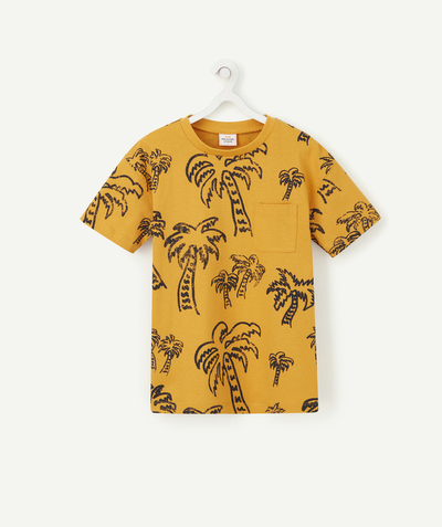 T-shirty - Koszulki Rayon - ŻÓŁTY T-SHIRT DLA CHŁOPCA Z BAWEŁNY BIO Z NADRUKIEM W PALMY