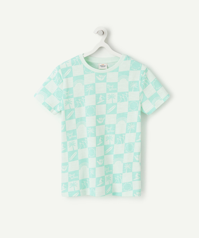T-shirt  radius - BOYS' GREEN CHEQUERBOARD PATTERN ORGANIC COTTON T-SHIRT