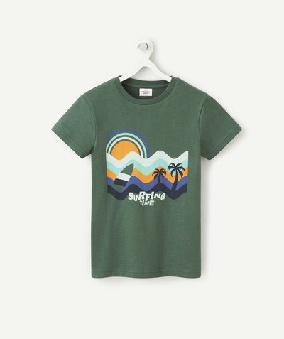 T-shirty - Koszulki Rayon - CIEMNOZIELONY T-SHIRT DLA CHŁOPCA Z BAWEŁNY BIO Z MOTYWEM SURFERSKIM