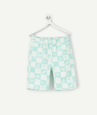 Our summer prints radius - BOYS' STRAIGHT MINT GREEN CHECKERBOARD PRINT BERMUDA SHORTS IN RECYCLED FIBRES