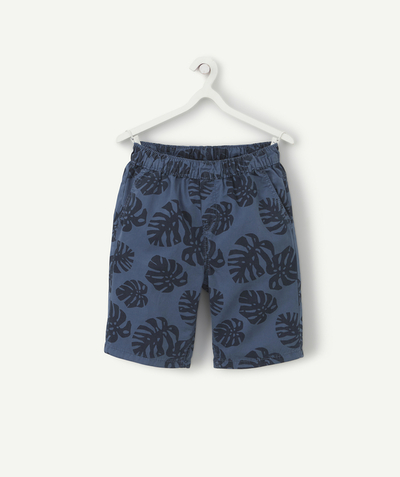 Bottoms Tao Categories - BOYS' STRAIGHT NAVY BLUE COTTON BERMUDA SHORTS WITH A LEAF PRINT
