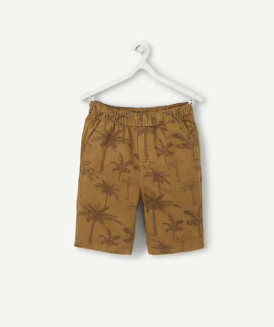 short Tao Categories - BOYS' STRAIGHT BERMUDA SHORTS IN BROWN COTTON WITH A PALM TREE PRINT