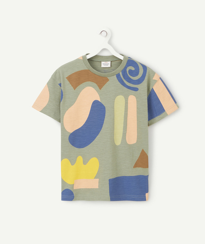 Clothing Tao Categories - BOYS' KHAKI T-SHIRT IN ORGANIC COTTON WITH GEOMETRIC SHAPES